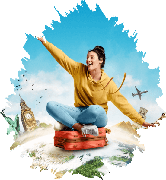 Ảnh khách du lịch ngồi trên vali với các biểu tượng du lịch
